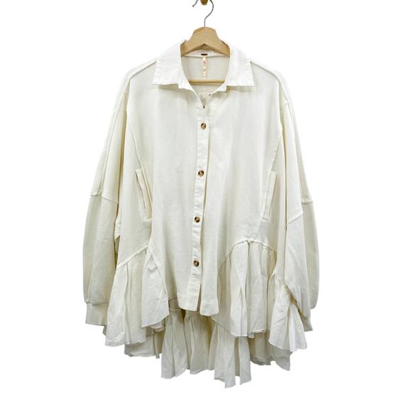 Free People white layered ruffle sweatshirt shacket - Picture 3 of 7
